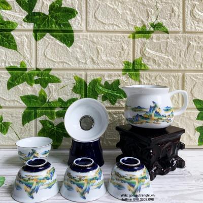 Bộ Ấm Chén Sơn Thủy 9 Món Viền Vàng